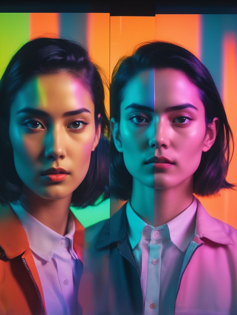 Shifting spectra, mixed multimedia portrait photography in retro-glitch art style, distorted graphics, spectacular neon lighting, additional contrast, cinematic risograph on three panels