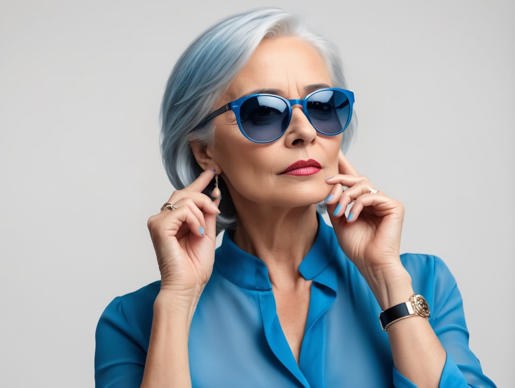 Blonde middle aged woman ponders on something keeps hand near face, blue hair, blue blouse, black sunglasses, minimalistic style, fashion, mature women, pretty old women, isolated, white background