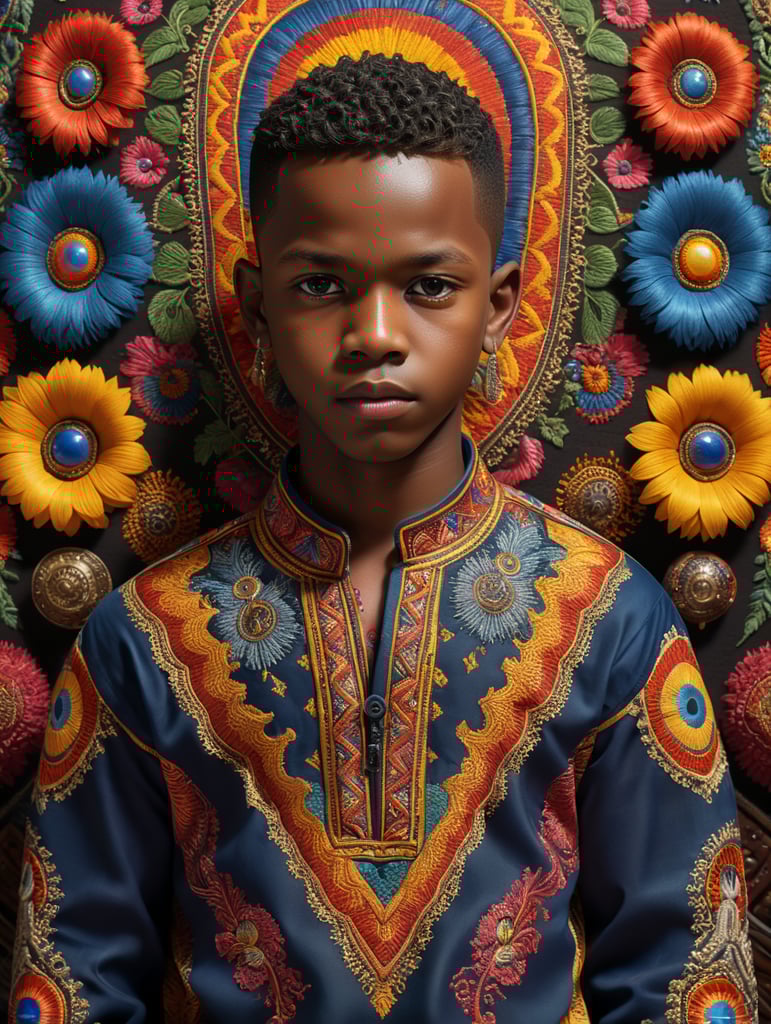 A young African boy stands proudly in his traditional embroidered shirt, surrounded by vibrant colors and intricate patterns. The 8K Ultra HD resolution captures every detail of his outfit, from the delicate stitching to the rich textures. With the use of octane render, this 3D image comes to life in a stunning isometric view.