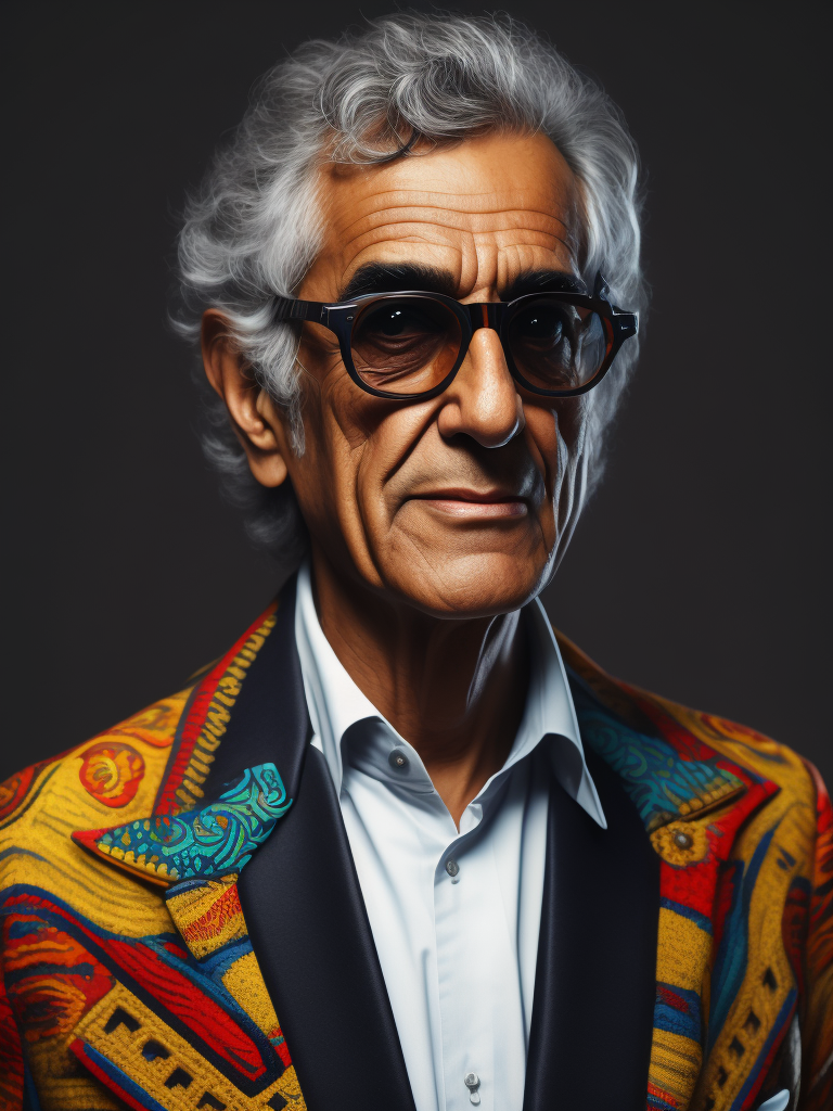 Caetano Veloso wearing a brightly patterned jacket and wayfarer glasses, Vivid saturated colors, Contrast color