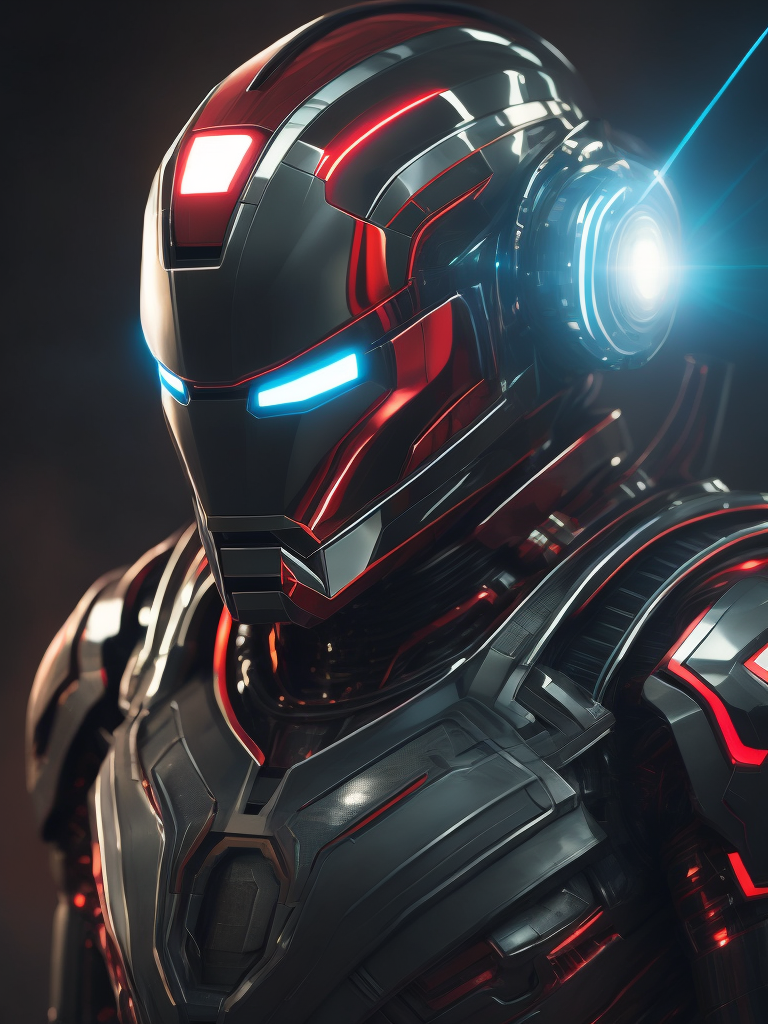 Chrome Ironman, Daft Punk style, laser light, neon, smoky