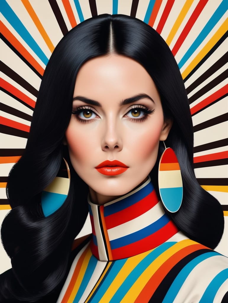 70's fashion portrait cover magazine vogue luxury vintage retro future sharp theme color wes anderson style Portrait of a woman with black hair, style of Yaacov Agam
