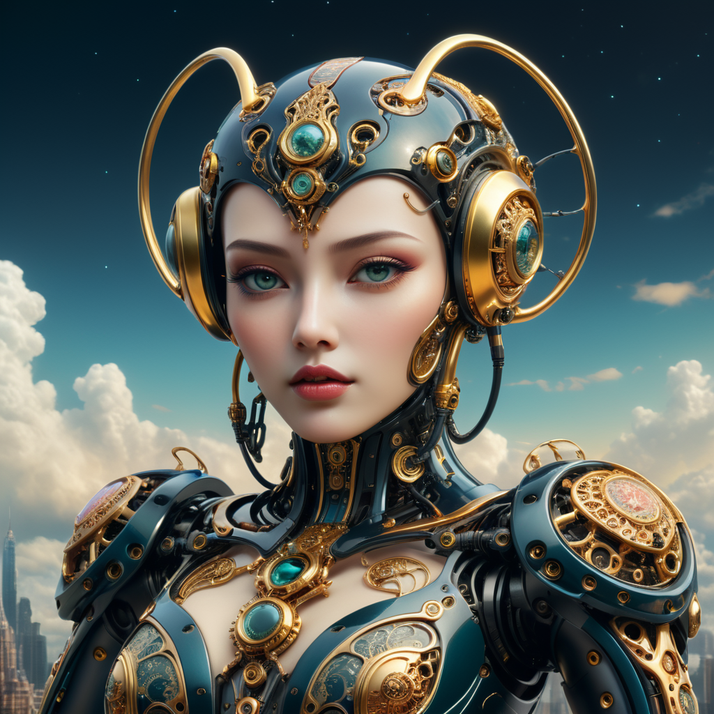 A female anthropomorphic robot with an art Nouveau cyberpunk aesthetic,body is made from a delicate mechanical ornamental exterior reminiscent of a futuristic ers with a delicate gleaming porcelain and gold trimmed filigree filigree exterior with Art Nouveau curvilinear forms. Its structure should reveal a hollow see through body, hyper-surrealistic detailed 3d rendering digital art style, background galaxy sky