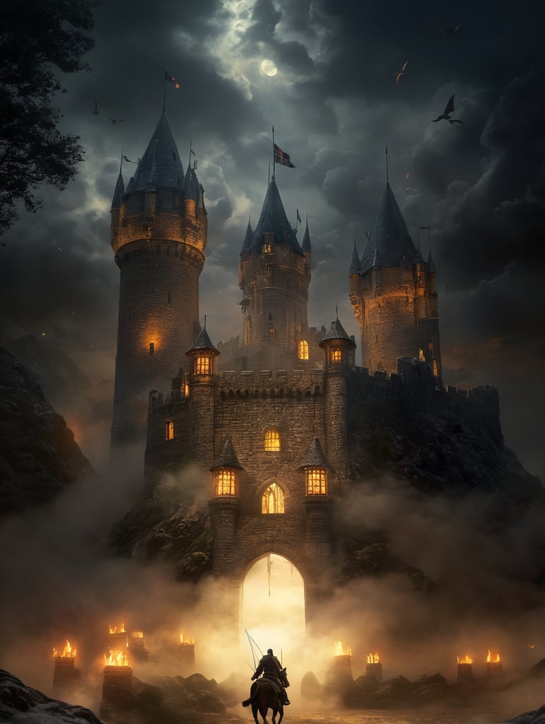 Castle in Scotland with fog around the turrets, and brimming with archers. In a style like HR Geiger. Dragon should be circling the castle in the air.