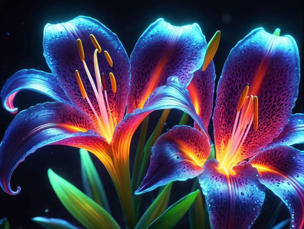 bioluminescent flower Lily, hyper detailed rendering, 4k, magic light, neon watercolours