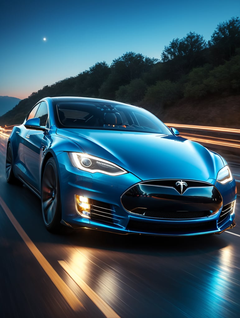 focusing on the front part of the car and the headlights, render a highly detailed, clean, tesla car speeding on highway from right to left with blue neon lights, blue headlights and light blue neon trails