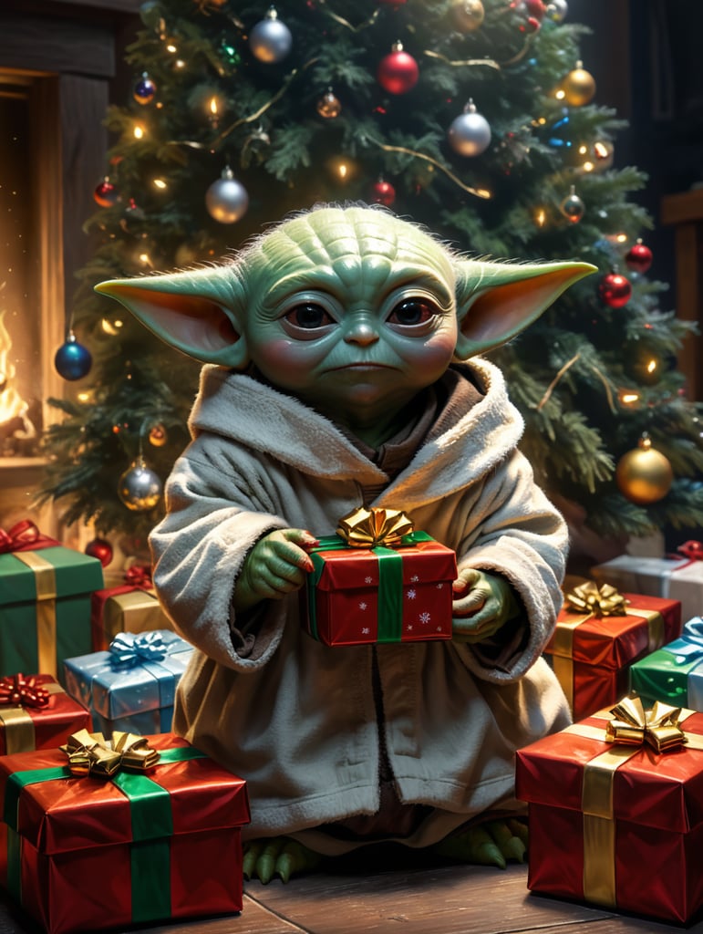 baby yoda at christmas opening presents