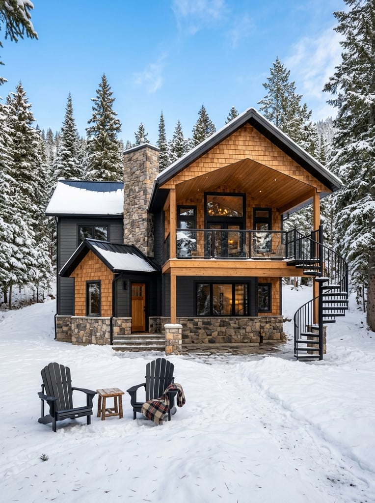 A modern two-story winter cabin mixing dark grey siding, cedar shakes, and stone under a bright blue sky. It features a covered upper deck with glass railings and a black spiral staircase. Two dark Adirondack chairs rest in the snowy foreground against a backdrop of snow-dusted pine trees.