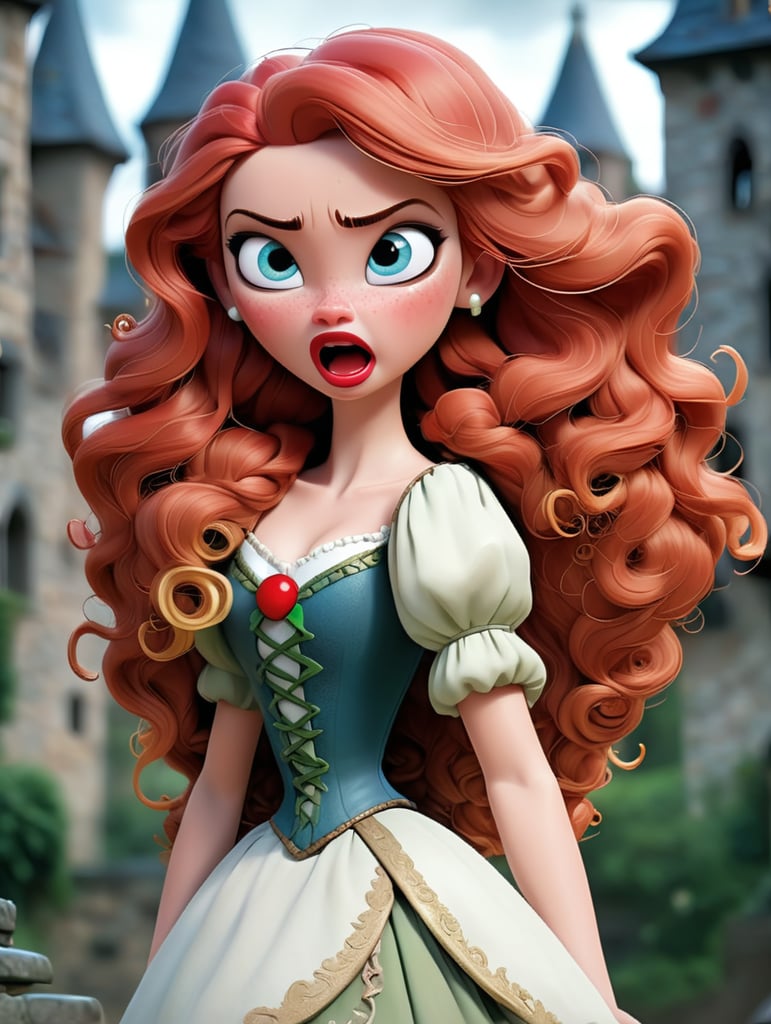 sorceress lady, red cheeks, red lips, long blonde and curly hair, blue eyes, green hood, white dress with golden details, angry mood, medieval fantasy