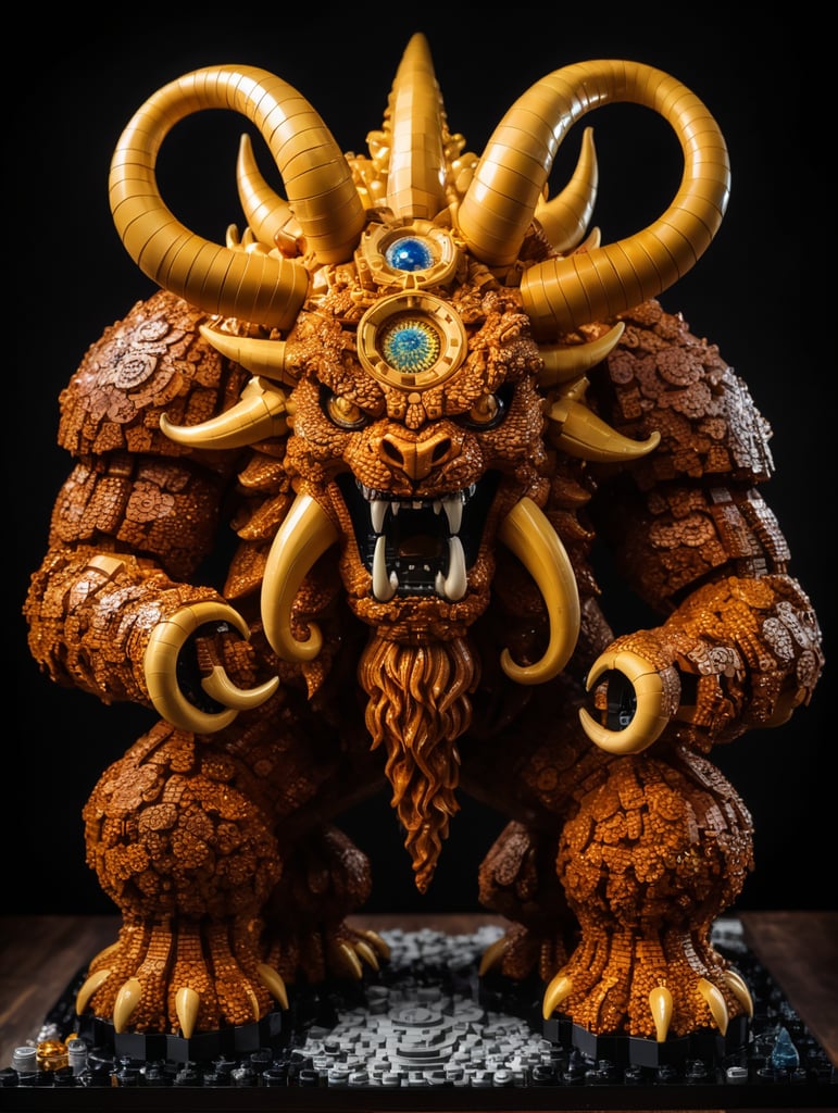 Une grande figurine du démon Lovecraftien Azathoth entièrement constitué de pièces de LEGO, fond noir, photo studio