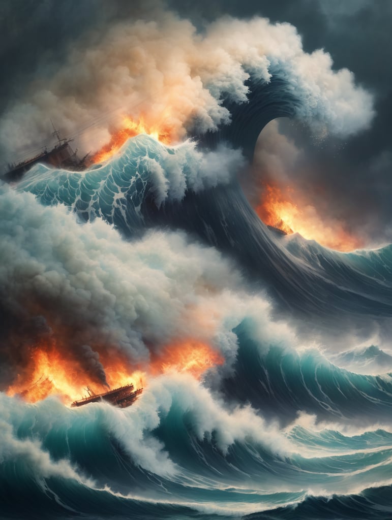 Epic photograph of an earthquake in Japan, large waves, destruction, fire, in the style of Aivazovsky