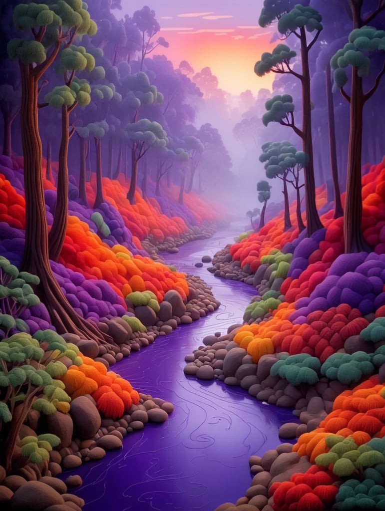 Embroidered painting depicting dark thick ancient foggy forest river bed, lots of different colors organised unintentionally to form a masterpiece, colorist artwork in Matisse style, stunning lively unreal colors, dark violets and red-oranges. Embroidery with tight stitches.