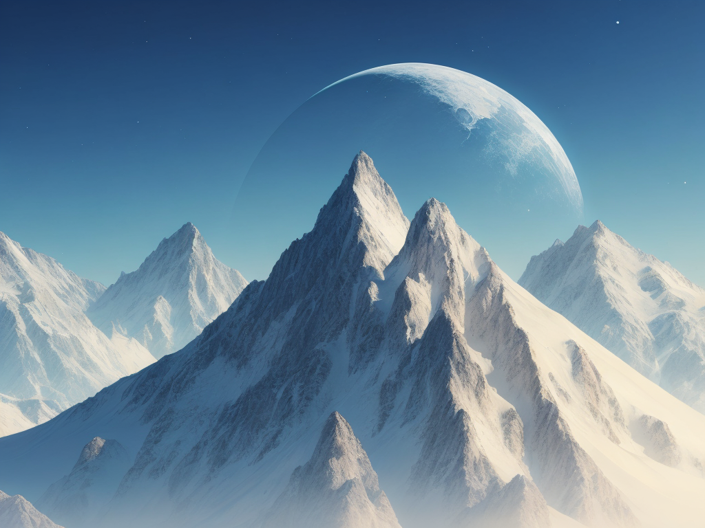 silver futuristic mountain with yellow sky and blue moon, art style, science fiction city background