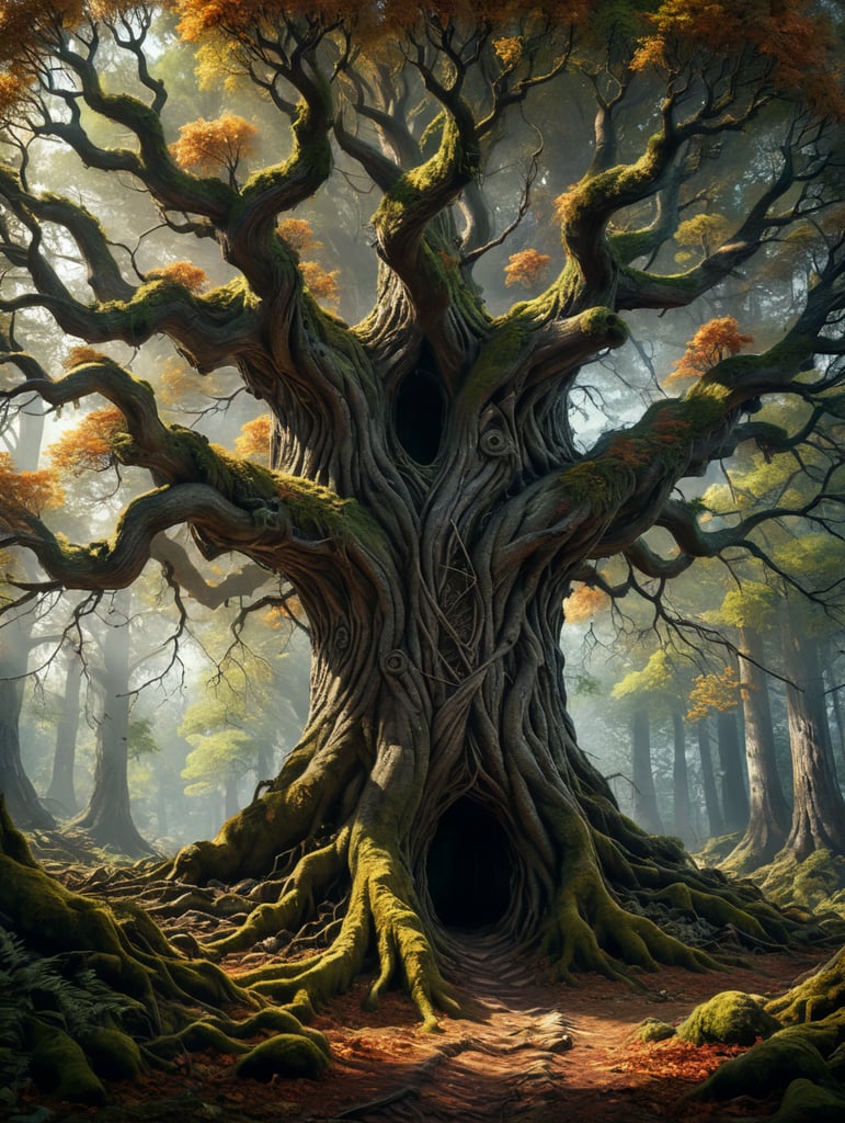 magical tree in which the very long and thin branches are threads of wool with different colors that touch the forest floor