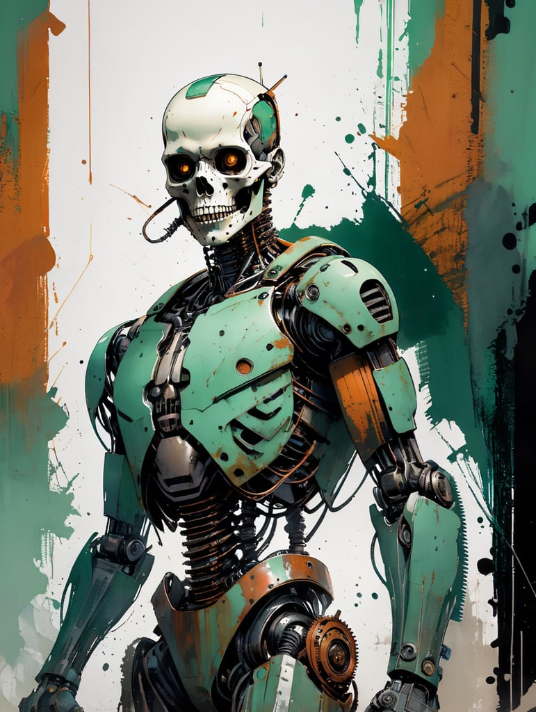 a skinny full-body robot painted a matte and rusty green, scratches and peeling marks, a screaming human skull fits inside a cracked glass dome, all corrugated and visible gears, freehand drawing, stripped lines, artist style Ashley Wood