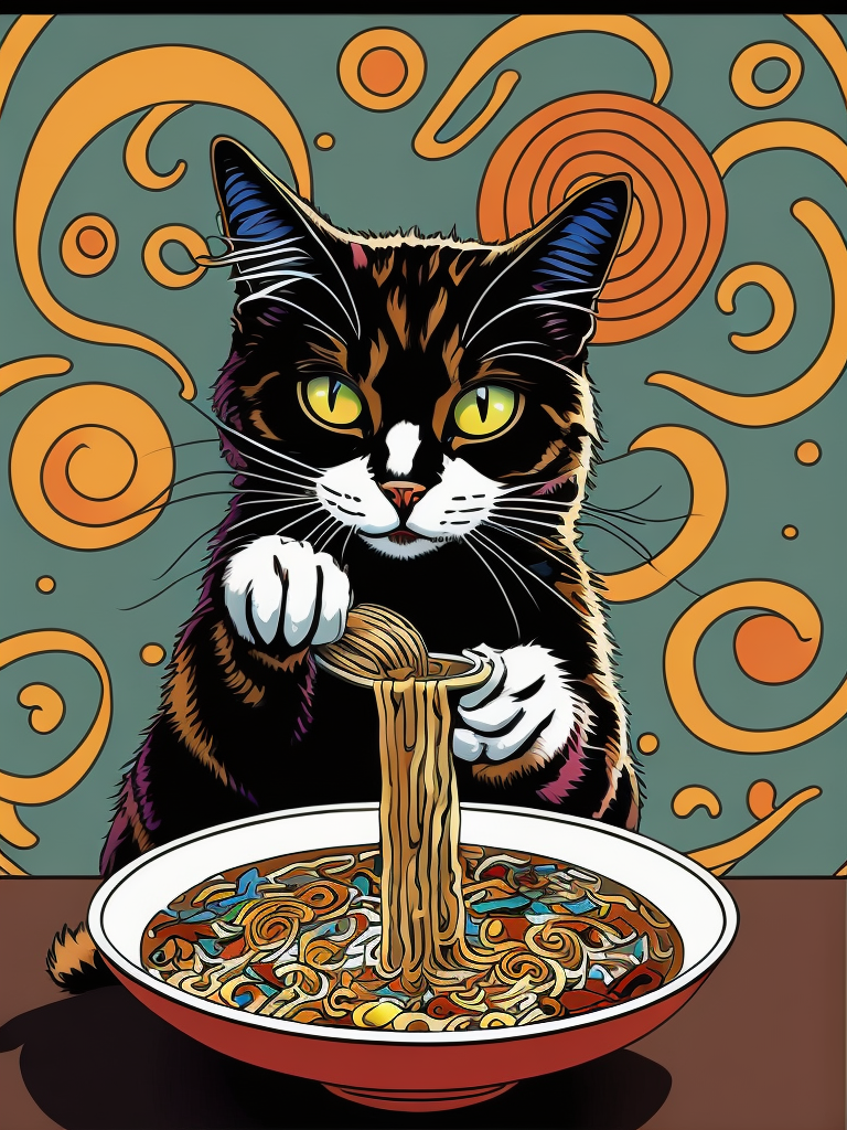 Cat eating ramen, trippy colors, cartoon style, comic style, manga style