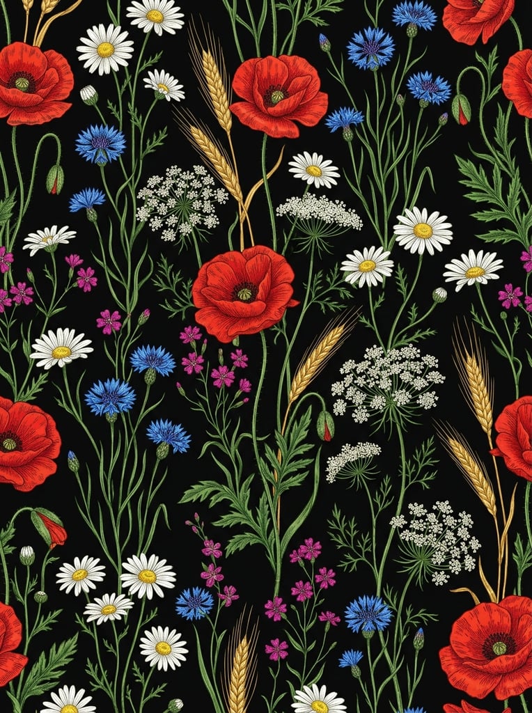 seamless botanical floral pattern on solid black background, large vibrant red poppies, blue cornflowers, white daisies, Queen Anne's lace, small magenta blooms, tall slender green stems, golden wheat stalks, vintage natural history illustration, flat composition, high contrast