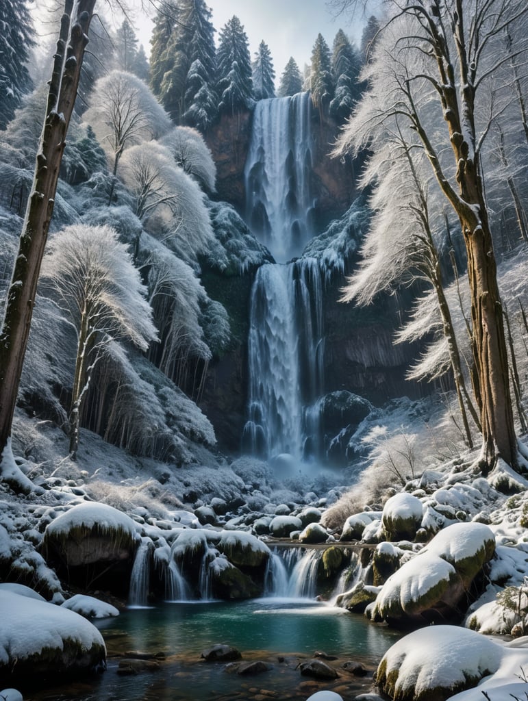 snow forest with giant waterfalls