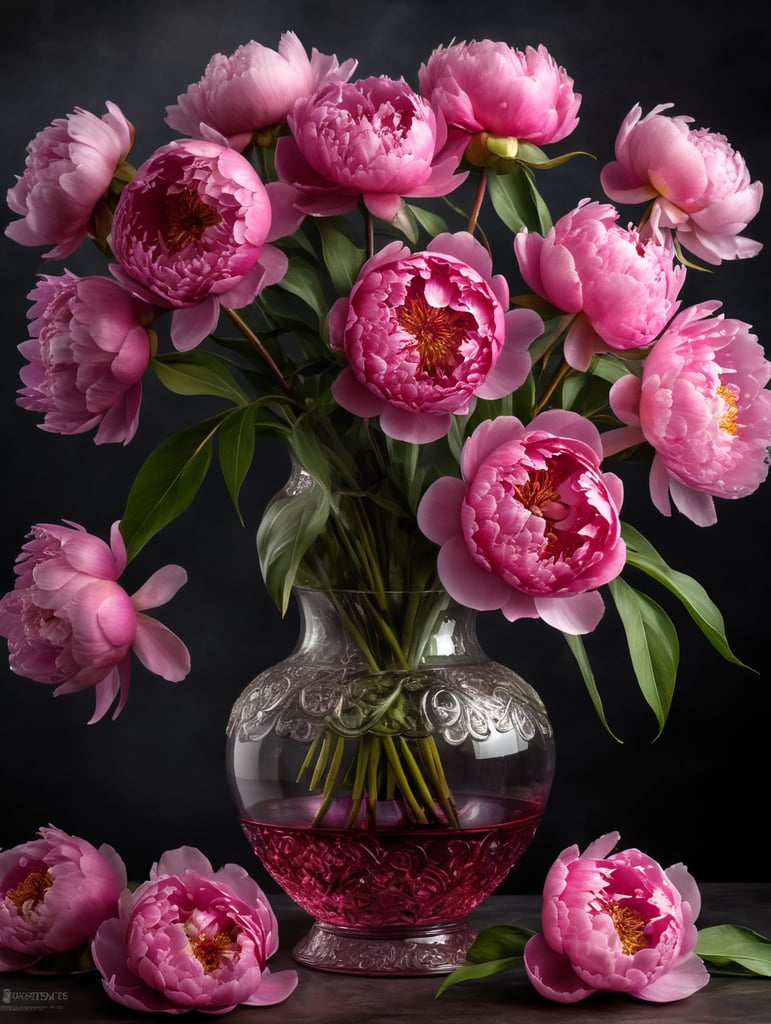 Round transparent glass vase with big bouquet of pink peonies, dark gradient background, sharp focus