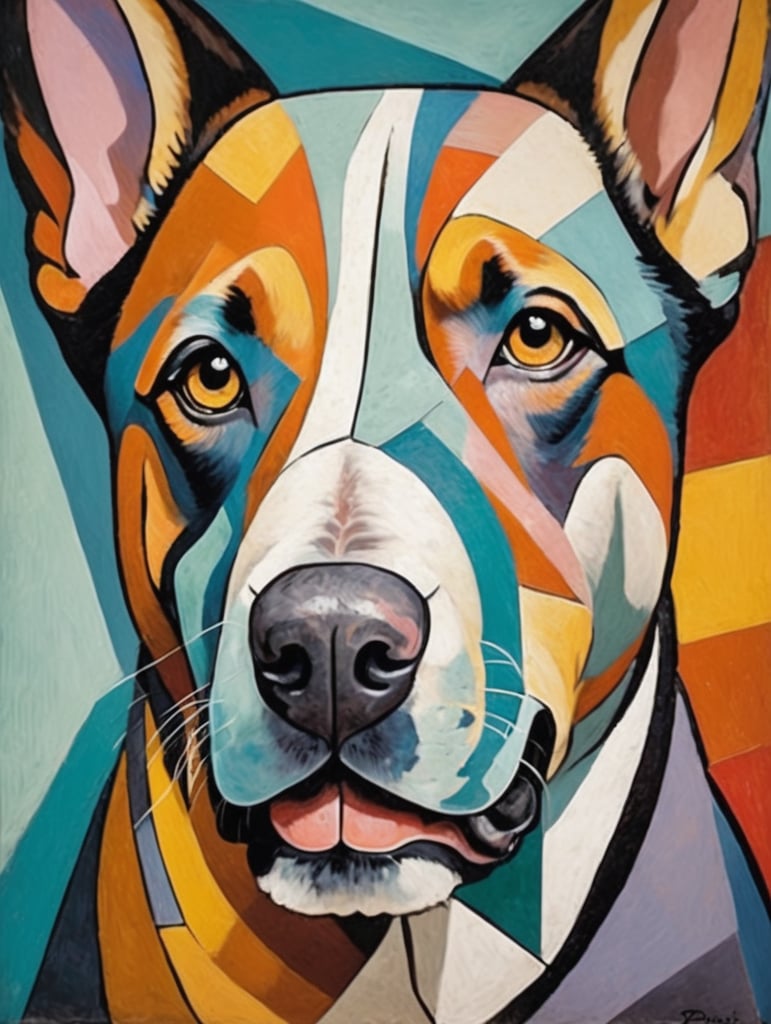 dog's face, pablo picasso, cubism, vibrant colors