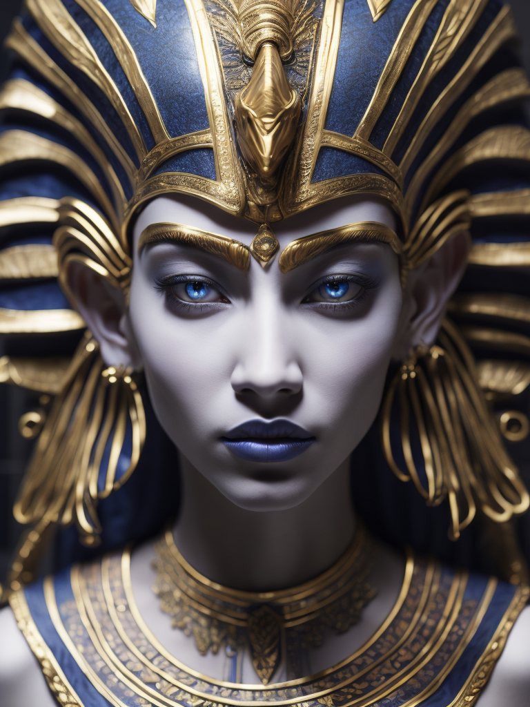 mythology goddess creature with Tutankhamen mask made of azulejo’s white and blue, gothic, gold, Neoclassical, elegant, beauty, antique classical, masterpiece, Canon50, Beautiful Lighting, Sad, highly detailed, detailed facial features, unreal engine, Octane Render, very detailed eyes, symmetrical eyes, mythology, hd, 3d, hq,