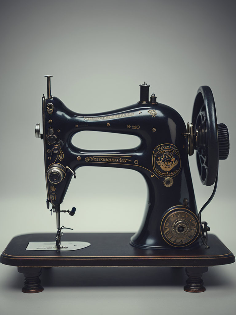 Vintage sewing machine, sharp focus, highly detailed, Dark gradient background, Muted colors