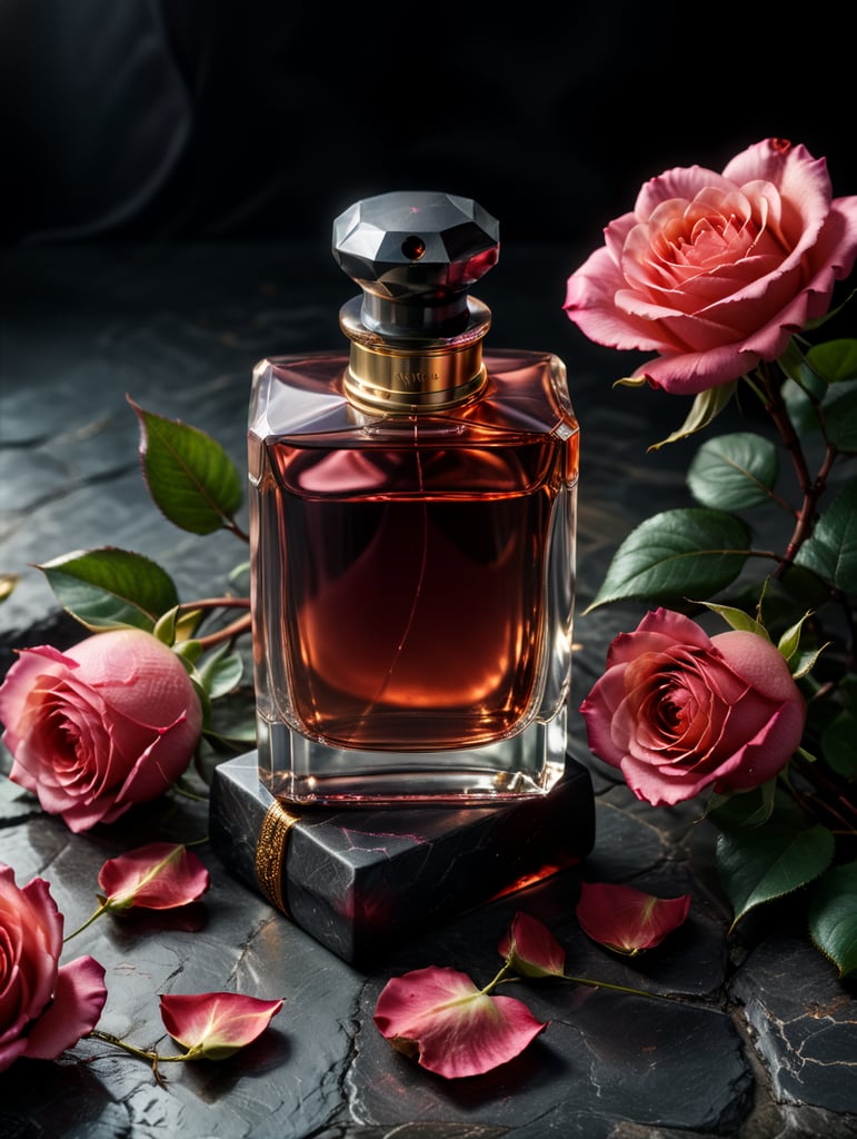 professional photography of a luxury perfume, square bottle, surrounding a rose petals, rose satin scarf on a background, no label, clear, mockup