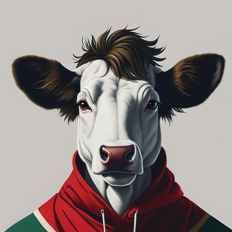 white cow , face smile,portrait, red hoodie, green mohawk, vintage, photorealistic illustration, vector, flat, isolated on white background, Painting, Oil, Still Life, Botanical, Italy, style of Giuseppe Arcimboldo