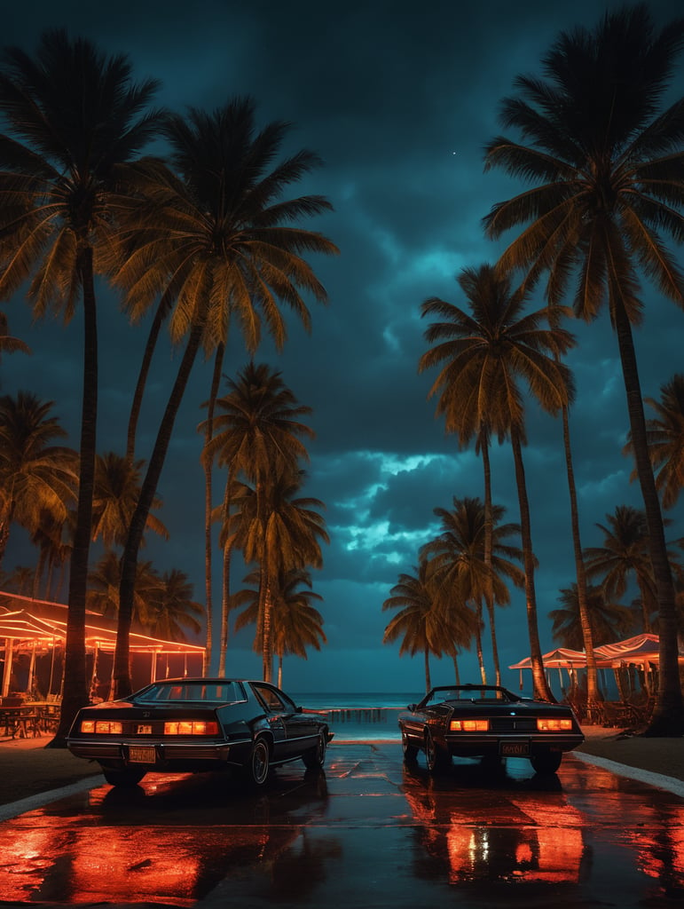 Scarface, exotic Miami, palm trees, neon lights, beach, ocean