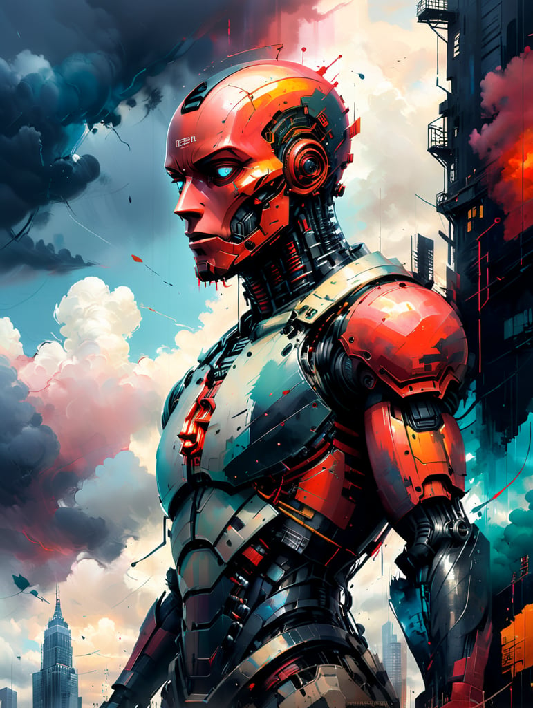 man in black suit, red robotic head Standing on top of building, with dark clouds in the sky