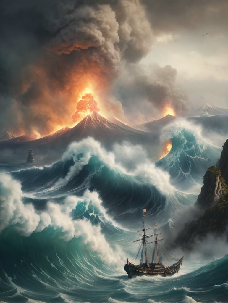Epic photograph of an earthquake in Japan, large waves, destruction, fire, in the style of Aivazovsky