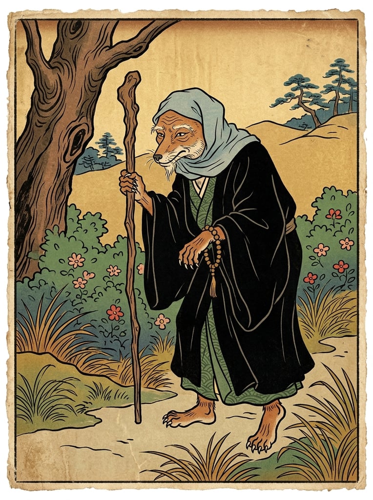 elderly fox-like humanoid, traditional woodblock print style, wearing a pale blue head-covering and wide-sleeved black robe over green garments, gripping a tall wooden staff, beaded rosary on wrist, bare clawed feet, golden beige background with stylized grass, textured brown tree trunk, green bushes with small pink flowers, muted earthy tones, prominent black ink outlines, vintage paper texture