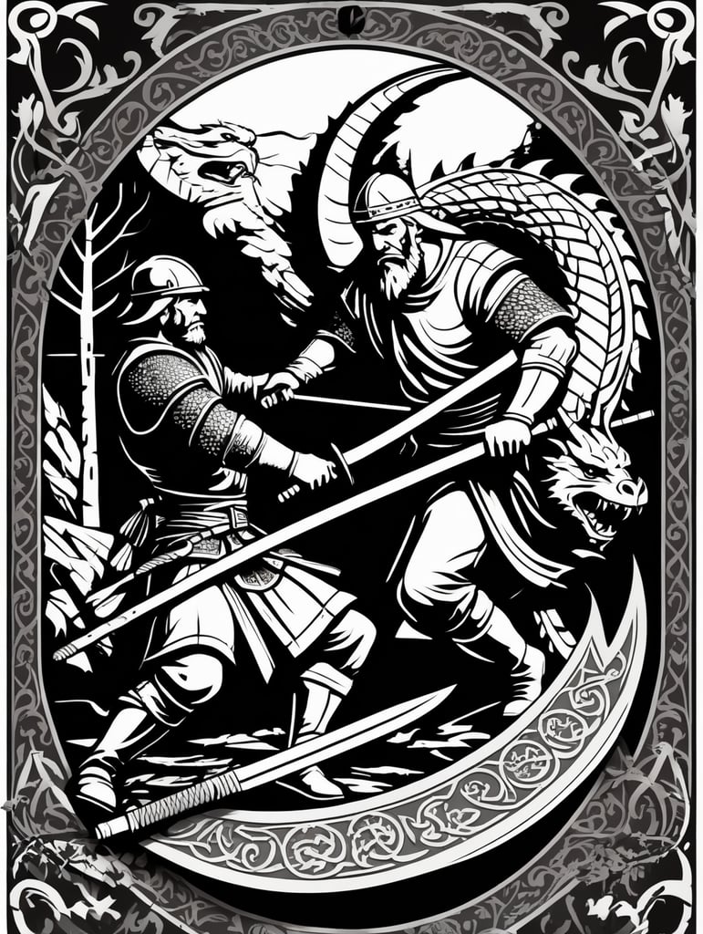 Peasant and dragon combat, wood cutting style, vector graphics, viking era, bevel with rune, black and white