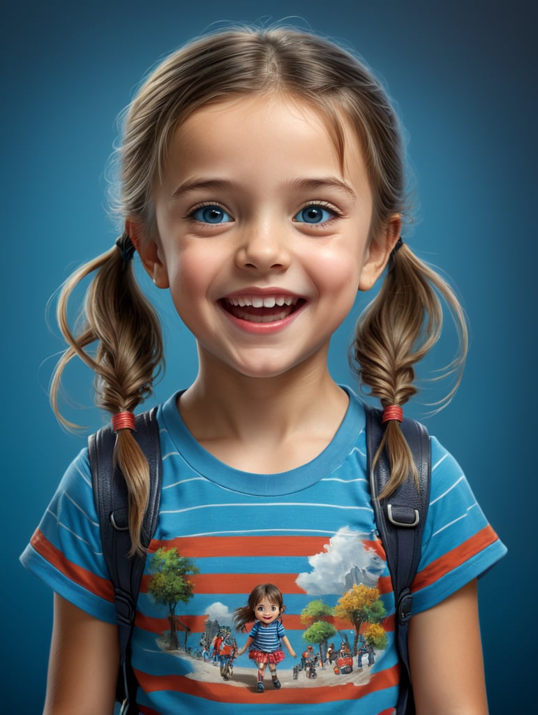 photo happy little girl going to travel, cute girl, Striped T-shirt, blue background, harpers bizarre, cover, headshot, hyper realistic