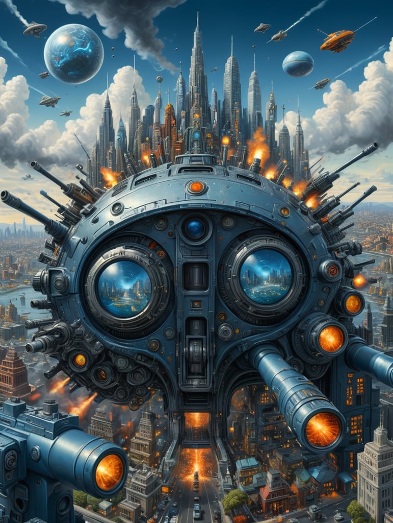 guns everywhere an illustration of a futuristic city in a blue and grey background, in the style of cosmic visions, arthur tress, fred tomaselli, mysterious expressionism, louis wain, byzantine art, guns everywhere