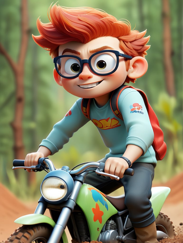 A boy with red hair and sunglasses riding a dirt bike
