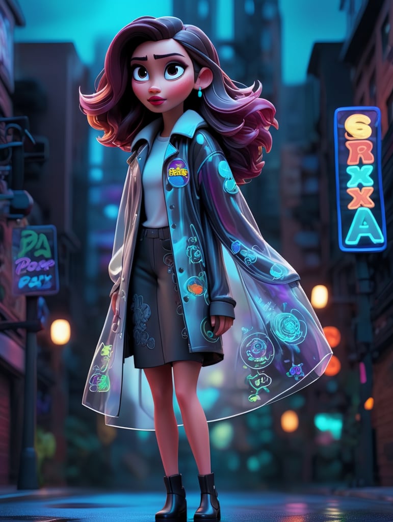 A women wearing translucent coat, standing on a street, neon cyber city, dark night, neon signs