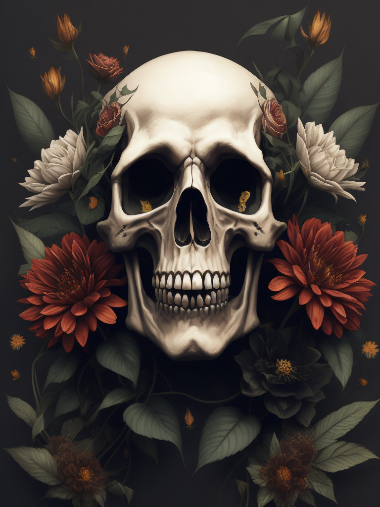 vector art of skull and flowers in the background, inspired by Japanese tattoo