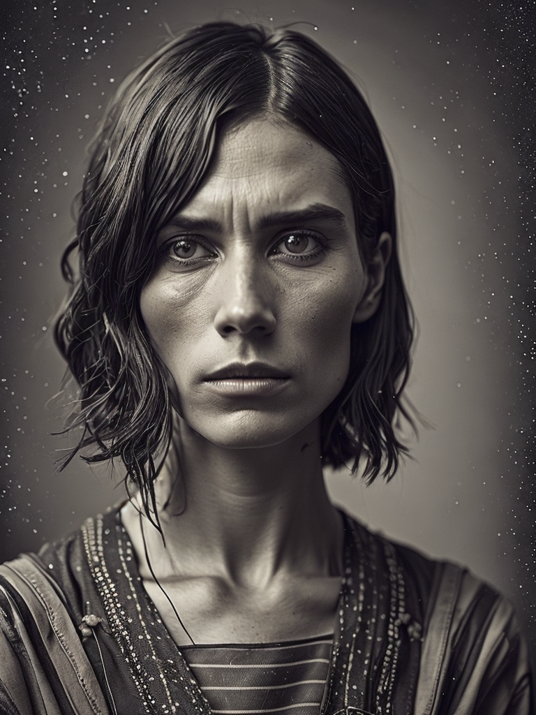 a wet plate photograph of a blind farmer with dark bob haircut, neutral emotions on her face