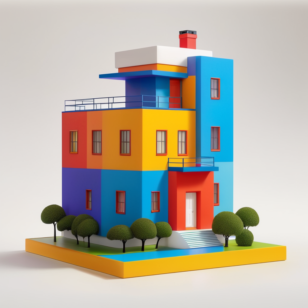 Vinil toy para Niño de 5 años xd una casa inspirada en la arquitectura de Luis Barragán y las pinturas de Escher con colores vibrantes colocado como si fuera una obra de arte contemporáneo. Encapsulado en resina.