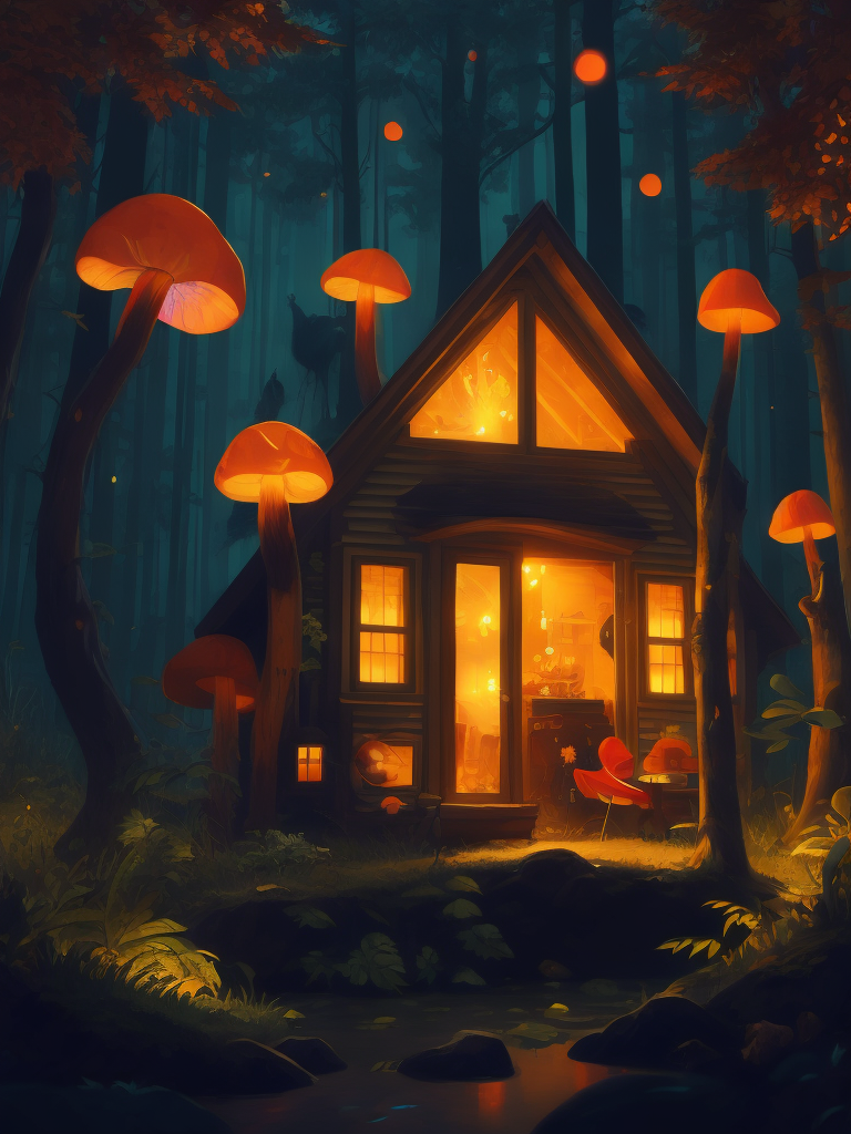 The house in the forest, dark night, leaves in the air, fluorescent mushrooms, animals, gibli, atey ghailan, lois van baarle, jesper ejsing, ernst haeckel, pop art patterns, exquisite lighting, clear focus, very coherent, very detailed, contrast, vibrant, digital painting