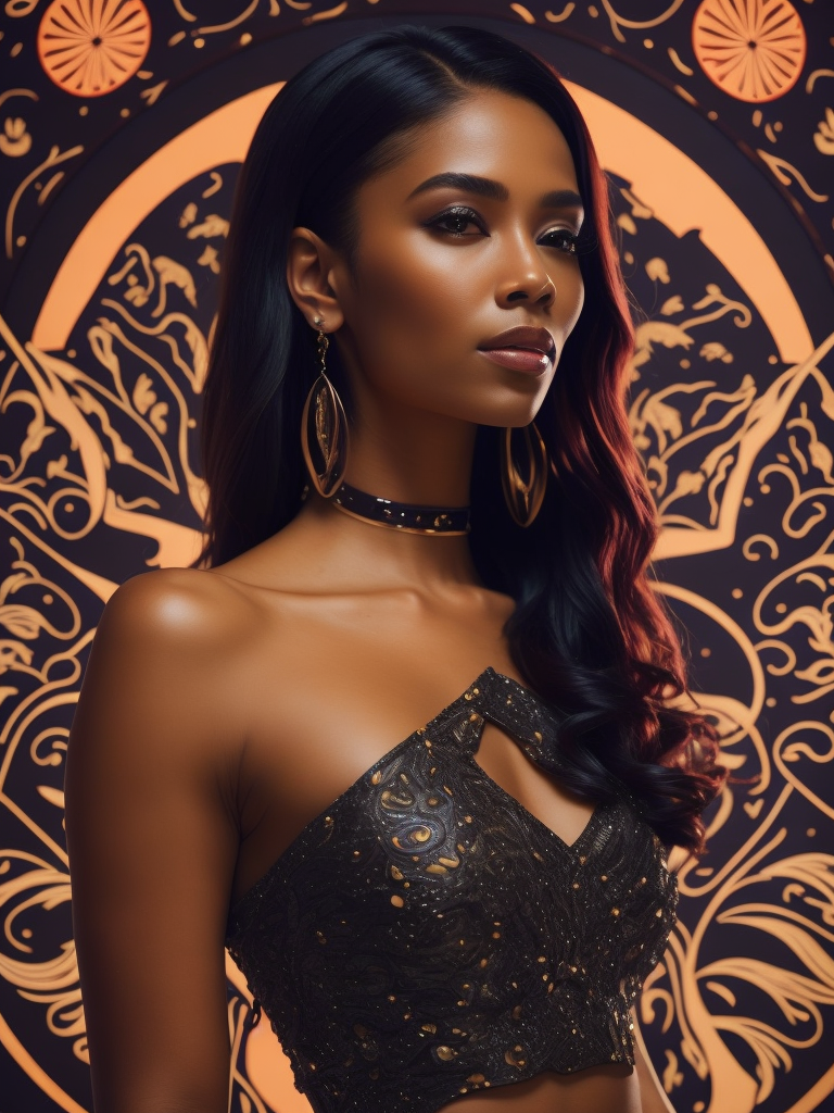 36 degree angle full body length pose of a photorealistic dark skinned beautiful 26 years woman standing, proportionate, intense coloration, black colored hair, upper-class fashion, full body, cover, wearing mini skirt design and crop top, hyperdetailed, luminism, octane render, in a Night club lighting, complex, 8k resolution, WLOP, Alphonse Mucha, little fusion pojatti , details bioluminescence : hypereallistic cover photo awesome full color, klimt, cinematic, mix of bold dark lines and loose lines, bold lines, r , real life human, bold colors on dresses, 2019 trending photo, big booty, hyper-realistic picture, black skirt, extremely symmetrical!!, strong features, wide-angle, peruvian, blimps, bixbite, guardrail, eye candy