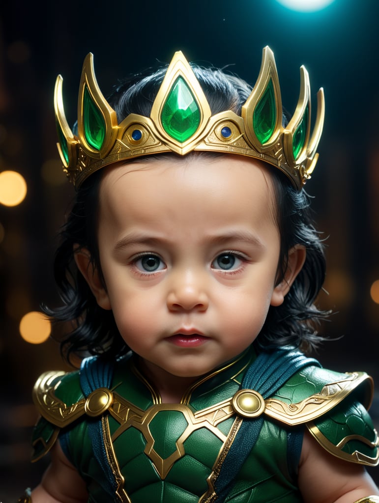 baby version of loki marvel with black hair full with Loki crown, full face,neon light photorealistic, masterpiece,full body photography, Ultra realistic, epic details, photorealistic, Cinematic, Ultra HD, Professional photography