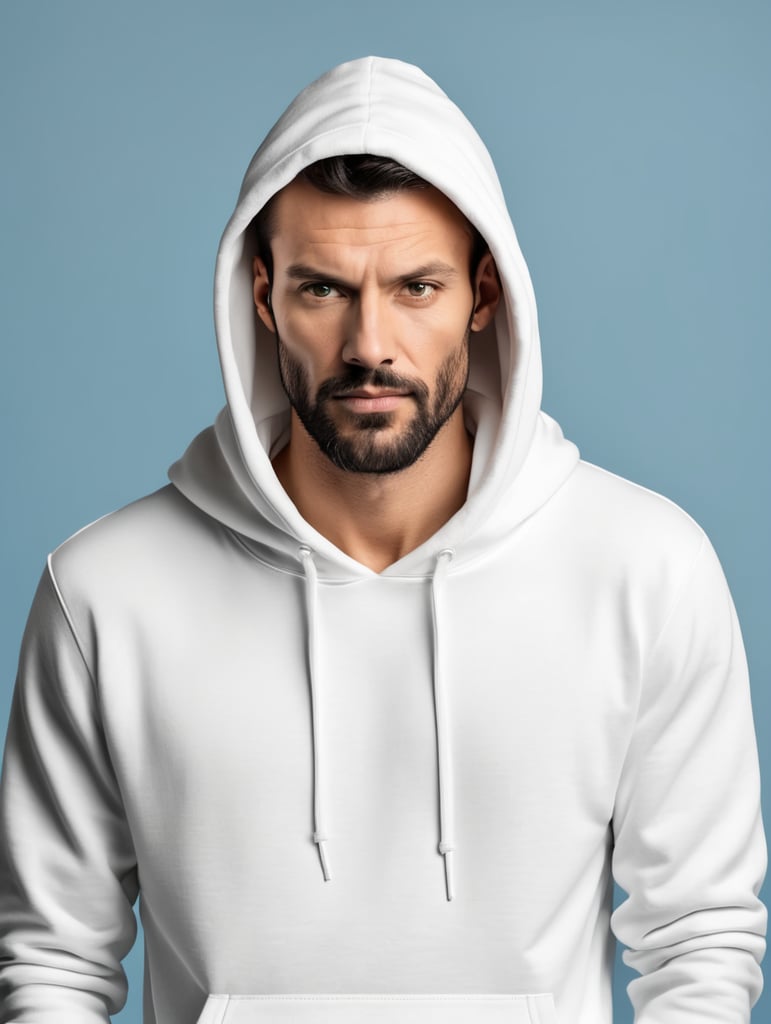 photography of a man wearing blank white hoodie, isolated, blue background, style of Richard Avedon, mockup, mock up