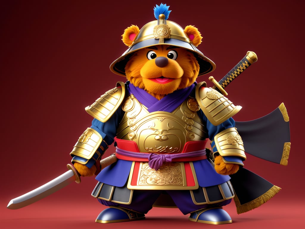 Fozzie the bear (from Jim Henson's muppets) dressed as samurai warriors