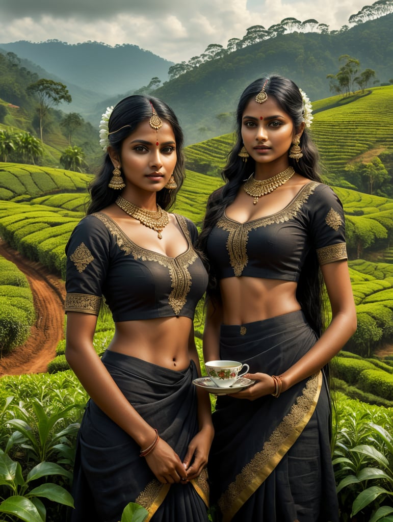 beautiful Indian girls on a tea plantation