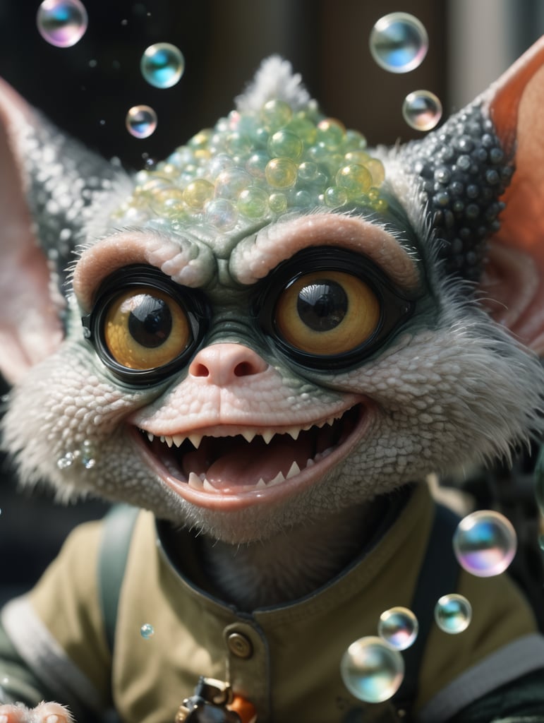 Medium close-up, leica portrait of a gremlin holding bubbles, coded patterns, sparse and simple, uhd image, urbancore, sovietwave, period snapshot, realistic photo, 4k realistic photo