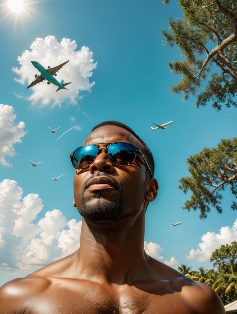 a black man raised his head up, looks at the sky, sunglasses, one airplane flies in a clear sky and leaves a mark, summer, turquoise shades, style of Richard Corben