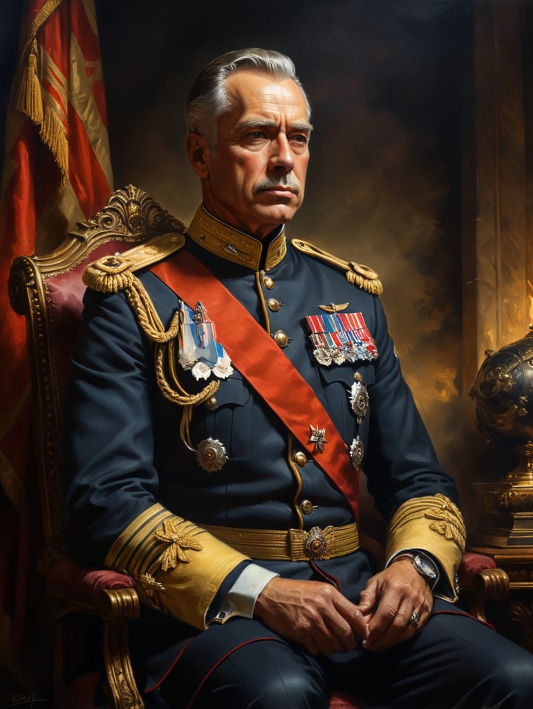 Classical portrait of royalty in uniform. Dramatic lighting. Oil paint texture, high quality.