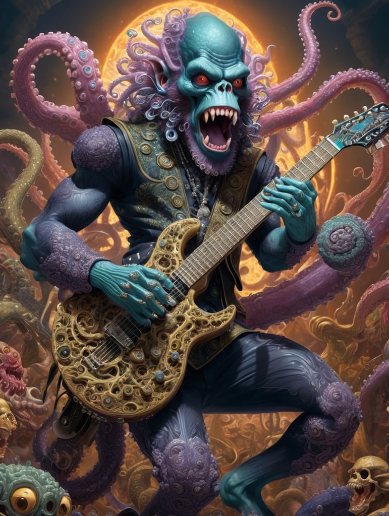 monkey octopus demon playing a heavy metal guitar, made of fractal LSD and rococo DMT, in the style of iconic album covers, style of Robert Williams, Nychos, artofsickness666, extremely detailed, insanely detailed and intricate, hypermaximalist, high detail, concept art